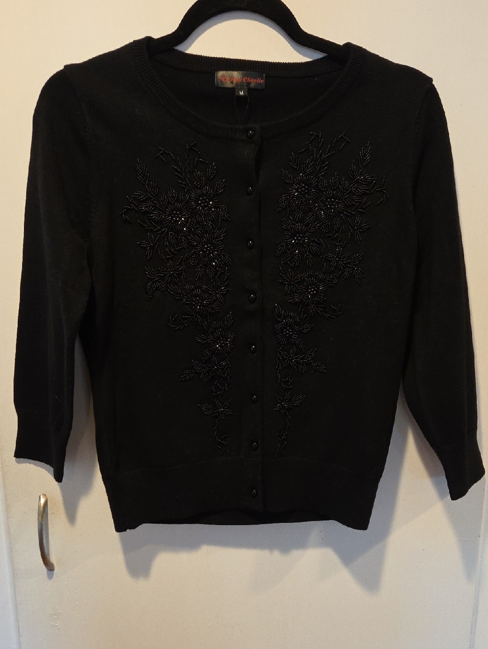 Kissing Charlie Black Beaded Floral Button-Front Cardigan M NWT